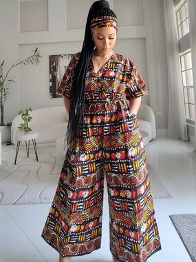 Wide-Leg V-Neck Printed Jumpsuit in Black Multi